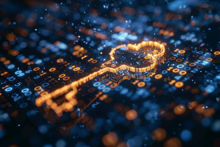 A key is shown in a digital form with a lot of numbers and letters surrounding it. Concept of complexity and confusion, as the key is surrounded by a chaotic and disordered backgroundの素材