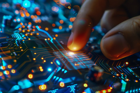 A hand is touching a circuit board with a glowing finger. Concept of curiosity and wonder about the technology and the intricacies of the circuit boardの素材