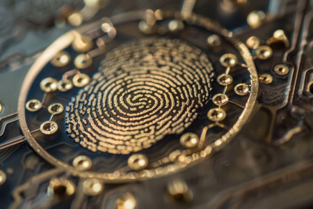 A close up of a gold and black fingerprint on a circuit board. The fingerprint is surrounded by a circle of small gold dots. Concept of mystery and intrigue, as the fingerprint is a uniqueの素材