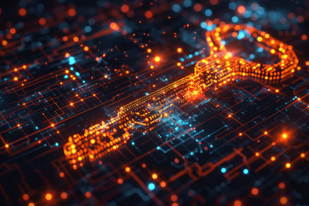 A key is shown in a computer screen with a lot of lights. The key is orange and blueの素材