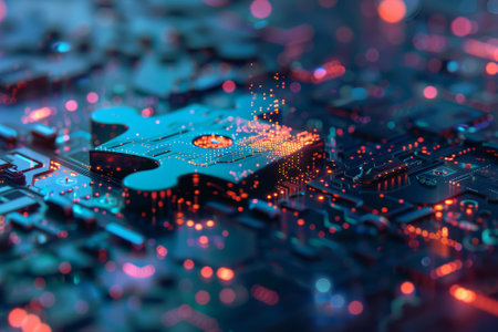 A puzzle piece is shown in a colorful, abstract style. Concept of complexity and interconnectedness, as the puzzle piece is surrounded by a network of lights and other shapesの素材