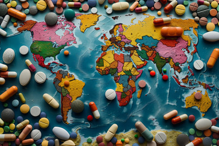 A colorful map of the world is covered with pills. The pills are scattered all over the map, with some in the foreground and others in the background. Concept of chaos and disorderの素材
