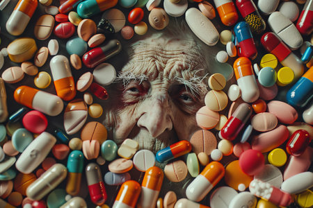 A man's face is surrounded by a pile of colorful pills. Concept of chaos and confusion, as the pills are scattered all over the man's faceの素材