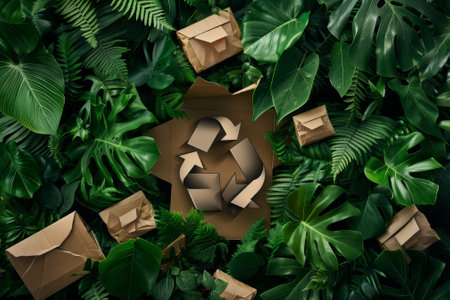 A box with a recycle sign on it is surrounded by green leaves. The box is in the middle of the image and is surrounded by other boxes and leavesの素材