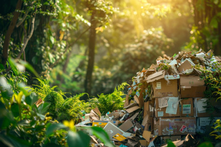 A pile of cardboard boxes and trash is in a forest. Concept of waste and neglect, as the trash is left to decompose in the natural environmentの素材