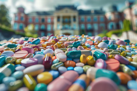 A pile of colorful pills is scattered on the ground. The pills are of various shapes and sizes, and they are all mixed together. The scene gives off a sense of chaos and disorderの素材