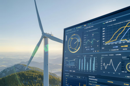 A wind turbine is shown on a computer screen with a lot of graphs and numbers. Scene is one of technology and progress, as the wind turbine is being monitored and analyzed for efficiencyの素材