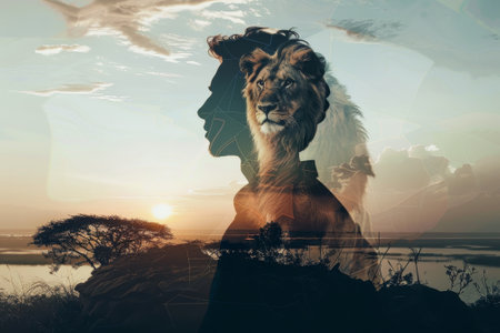 A man is standing in front of a lion. The man is the main focus of the image, while the lion is the secondary focus. The image has a dreamy, surreal quality to it, with the manの素材