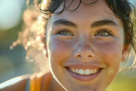 A young woman with green eyes and a smile on her face. She has a few freckles on her noseの素材