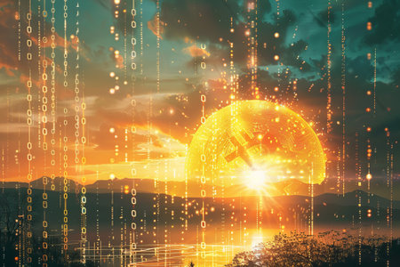 A glowing sun is surrounded by a glowing sphere of light. The sky is filled with a series of glowing lines, creating a sense of movement and energy. The scene is set against a backdrop of mountainsの素材