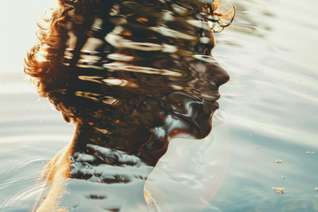 A woman's face is reflected in the water, creating a distorted and dreamy effect. The water appears to be calm and still, with ripples forming around the woman's headの素材