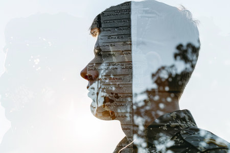 A man's face is reflected in a window, with the words "MILITARY" and "POLICE" visible on the wall behind him. Concept of duty and serviceの素材