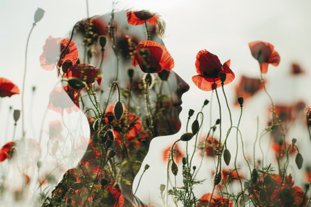 A man's silhouette is shown in a field of red flowers. Concept of solitude and introspection, as the man stands alone in the midst of the vibrant red flowers. The contrast between the man's figureの素材
