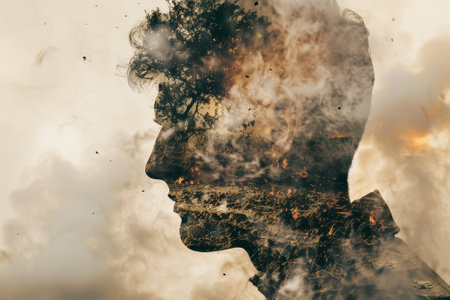 A man's face is shown in a distorted way, with smoke and ash surrounding him. Concept of chaos and destruction, as if the man is caught in the midst of a natural disaster or a violent eventの素材
