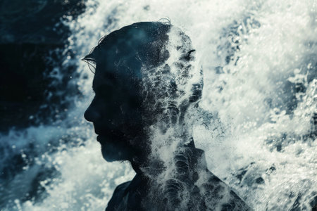 A man's face is partially obscured by water spray. Concept of movement and energy, as the water droplets create a dynamic and lively atmosphereの素材