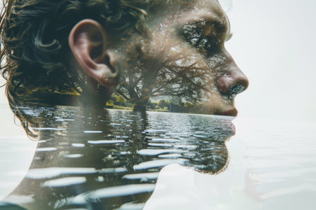 A woman's face is reflected in the water, creating a distorted and dreamy effect. The water appears to be calm and still, with ripples forming around the woman's faceの素材