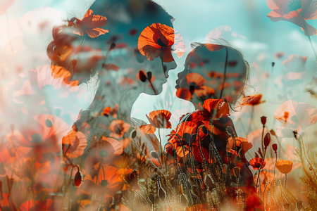 A woman and a child are standing in a field of red flowers. The woman is holding the child's hand, and they both look up at the skyの素材