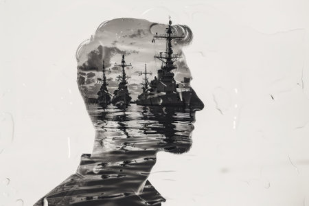 A man's head is reflected in the water, with a ship in the background. Concept of loneliness and isolation, as the man's head is the only visible part of his bodyの素材