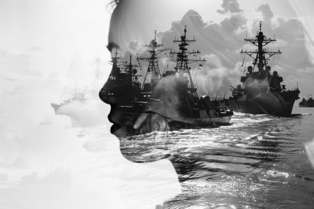 A woman's face is shown in a painting of a body of water with several ships in the background. The mood of the painting is somber and reflectiveの素材