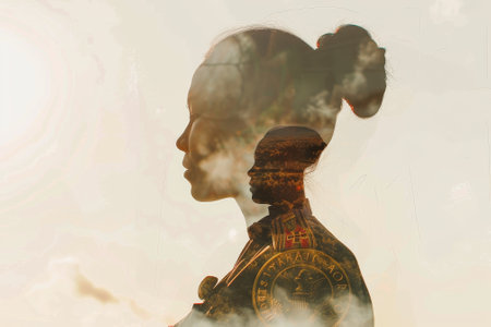 A woman's silhouette is shown with a large sun in the background. The sun is casting a shadow on the woman, creating a sense of depth and dimension. The image evokes a feeling of warmthの素材