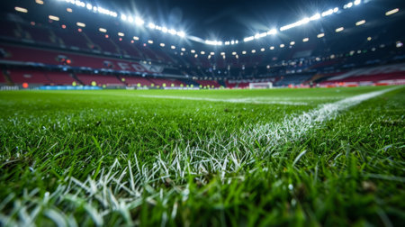 A soccer field with a wet grass and lights in the background. Scene is energetic and exciting, as it captures the essence of a soccer gameの素材