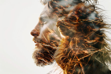 A man with a beard and a lion in the backgroundの素材