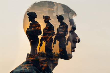 A man's head is shown with the silhouettes of four soldiers. The soldiers are holding guns and appear to be in uniform. Concept of duty and sacrificeの素材