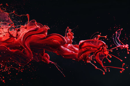 A red liquid is splashing out of a tube and onto a black background. The splatter of red paint creates a sense of movement and energy, as if the paint is alive and flowingの素材