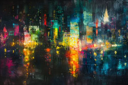 A painting of a city at night with neon lights and a dark sky. The painting is full of colors and has a vibrant and energetic moodの素材