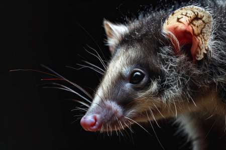 detailed image of a possum, its white face and pointed snout are clearly visible.の素材