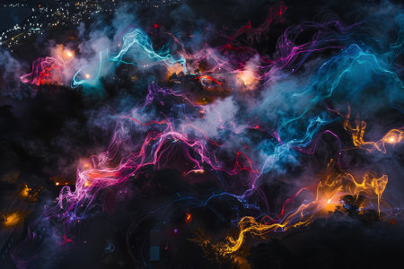 A colorful, swirling cloud of smoke and fire. The smoke is in various colors, including blue, purple, and red. The fire is also in different colors, with some areas being orangeの素材