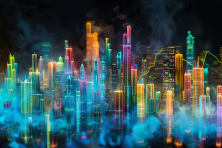 A cityscape with buildings lit up in neon colors. The city is covered in a thick fog, giving it a mysterious and eerie atmosphereの素材