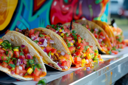 A row of tacos with various toppings including tomatoes, onions, and cheese. The tacos are arranged on a silver tray and are displayed in a colorful and appetizing mannerの素材