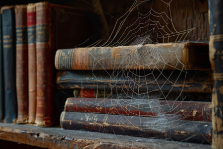 A spider web is on top of a stack of old books. The spider web is very intricate and detailed, and it covers the entire top of the booksの素材