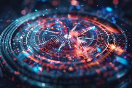 A blue and white computer generated image of a compass. The compass is surrounded by a blue circle with a white dot in the center. The image has a futuristic and technological feel to itの素材