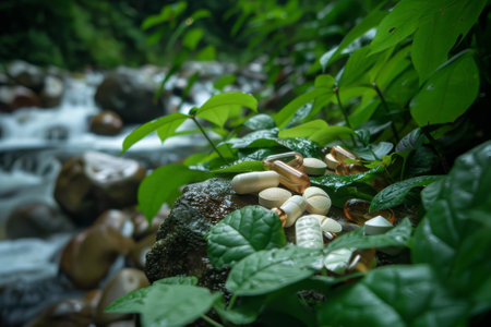 A bunch of pills are scattered on a rock near a stream. The pills are of different colors and sizes, and they are surrounded by green leaves. The scene gives off a sense of tranquilityの素材