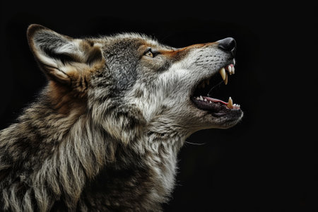 A wolf is shown with its mouth open, showing its teeth. The wolf appears to be in a fierce and aggressive moodの素材