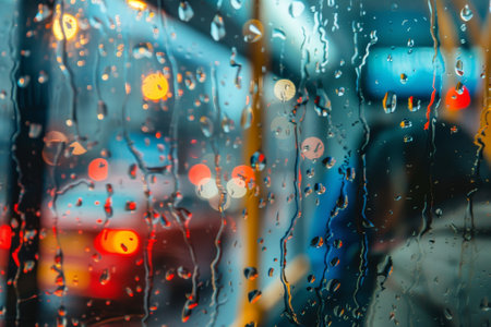 A blurry image of raindrops on a window. The raindrops are scattered and overlapping, creating a sense of movement and chaos. The blurred effect adds to the mood of the imageの素材