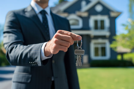 man in a suit holding keys to a house and standing in front of a large private house with a well-kept lawnの素材