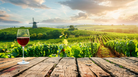 A glass of red wine is on a wooden table in front of a windmill. The scene is peaceful and serene, with a beautiful view of the vineyards in the backgroundの素材