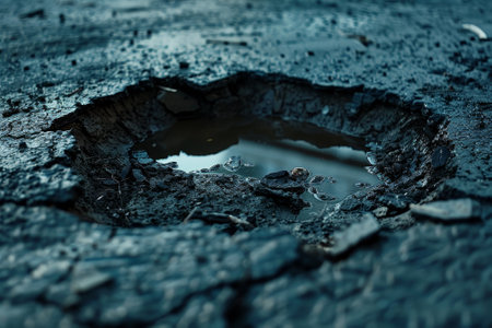 A puddle of water sits in a hole in the ground. The hole is surrounded by rocks and dirt. The water is murky and he is from a storm. Scene is somber and reflectiveの素材