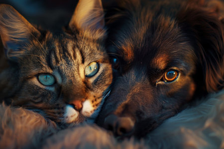 A cat and a dog are laying on a bed together. The cat has blue eyes and the dog has brown eyesの素材