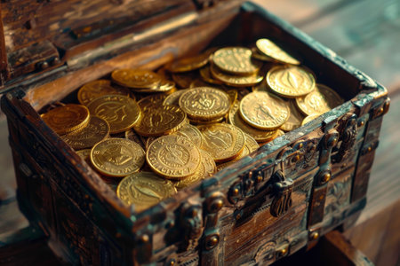 A wooden box filled with gold coins. The coins are of various sizes and shapes, and they are all shiny and golden. The box is placed on a wooden surfaceの素材