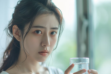 A woman is holding a glass of water and looking at the camera. She has a serious expression on her faceの素材
