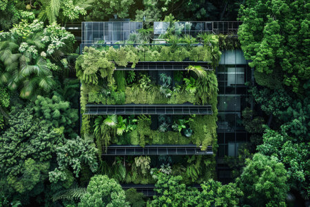 A building covered in green plants and trees. The building is tall and has a unique design. The plants and trees are growing on the building, giving it a natural and organic appearanceの素材
