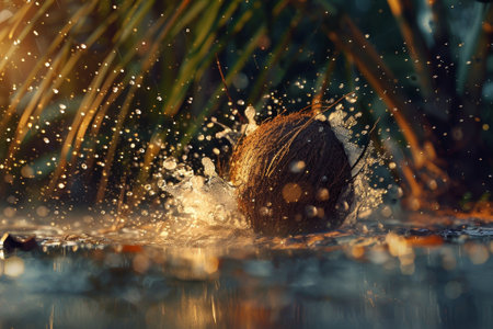 A coconut is falling into a body of water. The water is splashing and the coconut is being carried away by the currentの素材