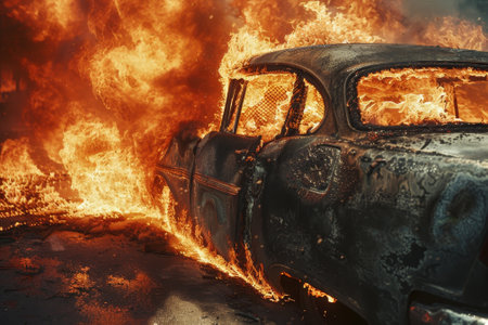 A car is on fire and the flames are very high. The car is old and has a lot of damage. The scene is very dramatic and intenseの素材