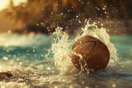 A coconut is floating in the ocean water. The water is splashing around the coconut, creating a playful and fun atmosphereの素材