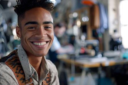 A man with a smile on his face is wearing a shirt with a tiger print. He is standing in front of a table with a sewing machine on itの素材