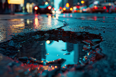 A puddle of water sits in the middle of a road. The water is reflecting the lights of the cars and the street. The scene is dark and moody, with the water adding a sense of mysteryの素材